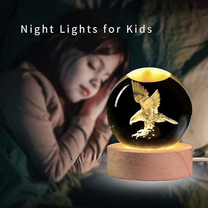 3D Laser Engraved Eagle Crystal Ball, Animal Figurine Decor Glass Sphere Lamp Night Light, Eagle Statue Gifts for Men Women Kids