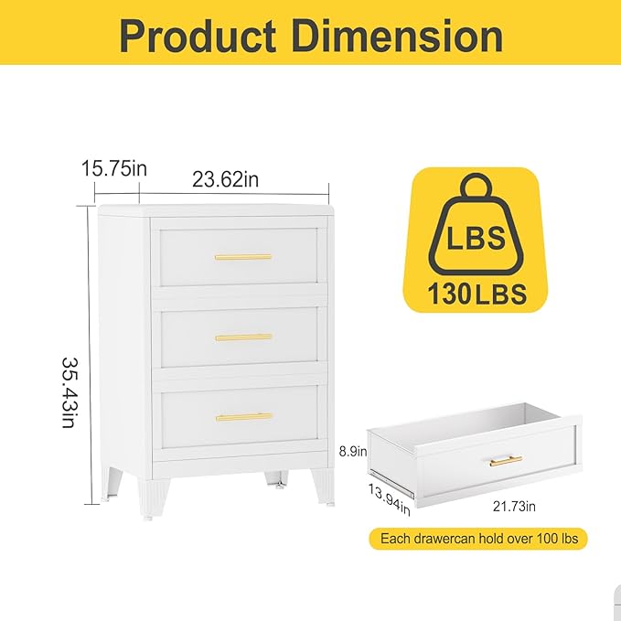 3 Drawers Tall White Dresser for Bedroom, 35.43" Metal Dressers & Chests of Drawers Curved Corner Design, Storage Organizer Drawer Chest with Large Capacity for Living Room, Entryway, Hallway