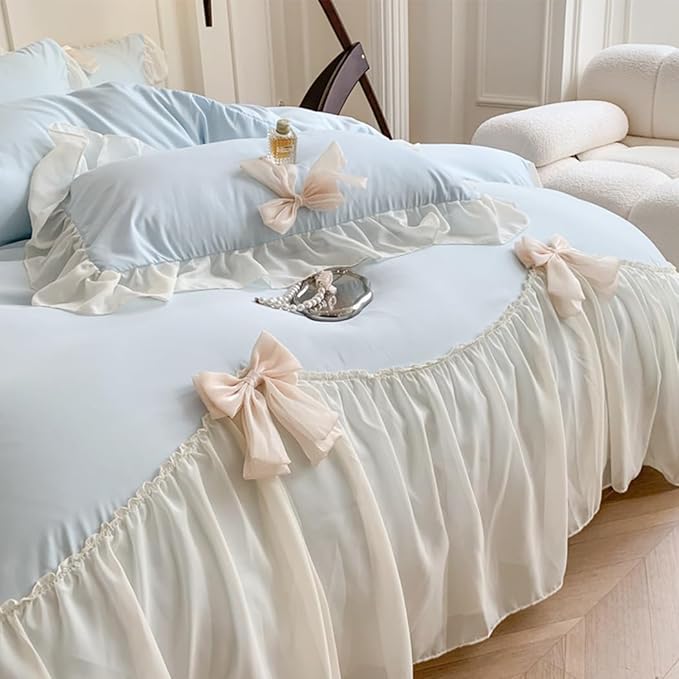 Ruffled Bedding Bow Duvet Cover Set with Butterfly Tie, Princess Style 1 Duvet Cover with 2 Pillowcases,Zipper Closure, No Comforter-Blue,Queen Size