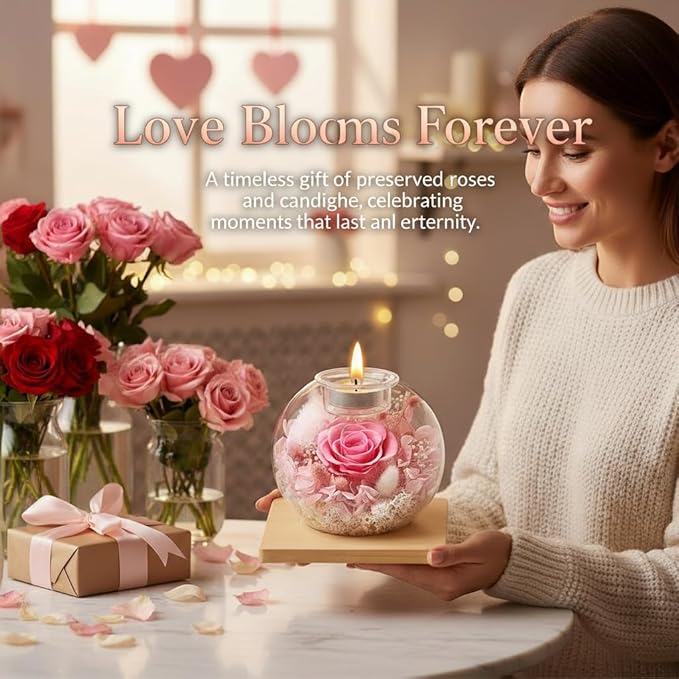 Birthday Gifts for Women,Eternal Preserved Real Rose with Scented Candle (Bergamot9Pcs+Rose9Pcs),Preserved Rose in Glass Dome, Christmas Valentine Mothers Day Gifts for Her Mom Girlfriend,Home Decor