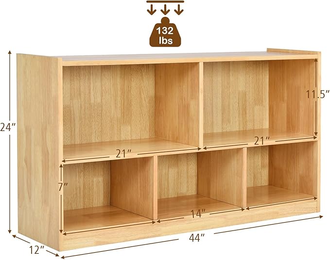 Costzon 2-Shelf Bookcase for Kids, Wooden Toy Storage Organizer for Books Toys, 5-Section Freestanding Classroom Daycare Montessori Bookshelf for Preschool, Home Playroom & Kindergarten (Burlywood)