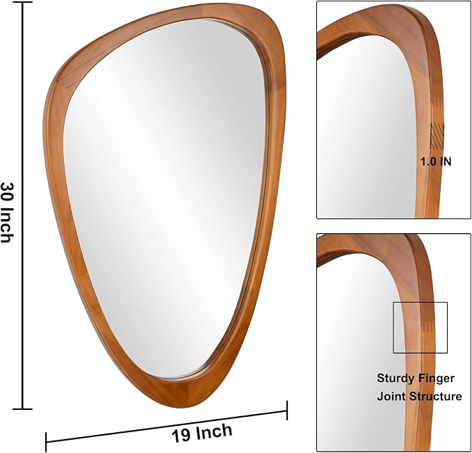 Irregular Wall Mirror Asymmetrical Bathroom Mirror, Wall Mounted Decorative Mirror with Wooden Frame for Living Room, Vanity, Bedroom, Entryway, Hallway (19" x 30")