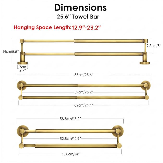 BESy Adjustable 16-26 Inches Double Bath Towel Bar for Bathroom SUS304 Stainless Steel Towel Holder, Hotel Style Wall Mount with Screws Hand Towel Bar Towel Rack Rod Hanger, Antique Brass