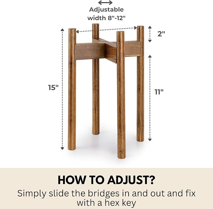 Fox & Fern Adjustable Tall Plant Stand Indoor — 8 to 12 Inch Mid Century Bamboo Plant Stand with Adjustable Width - Plug In Design - Easy to Assemble - Two Heights - For 8, 9, 10, 11 & 12 In Pots