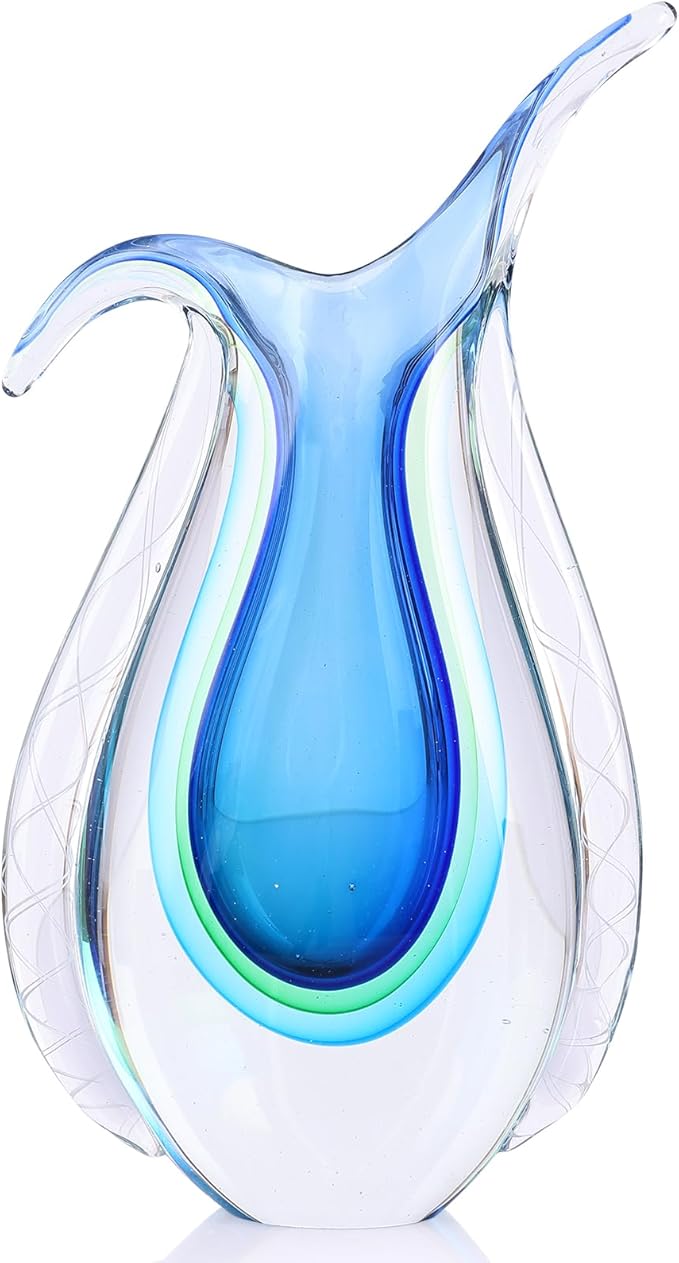 Blue Hand Blown Glass Vase – Oval Decorative Art Glass for Centerpieces, Murano Inspired Decor for Dining Room, Entryway Table, or Shelf, Handmade Glass Vase for Home Display (Blue Green)