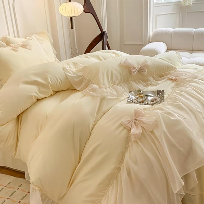 Ruffled Bedding Bow Duvet Cover Set with Butterfly Tie, Full Comforter Cover Set, Shabby Chic Bedding Set,Romantic French Princess Style -Yellow,Full