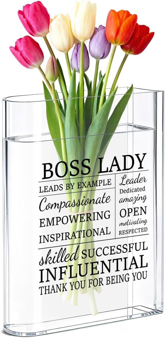 Boss Lady Bosses Day Gifts for Women Men Manager Funny Office Decor for Women Wooden Acrylic Book Flower Vase National Boss Day Decorations Gifts for Leader HR Men Manager Office Bookshelf Desk Decor