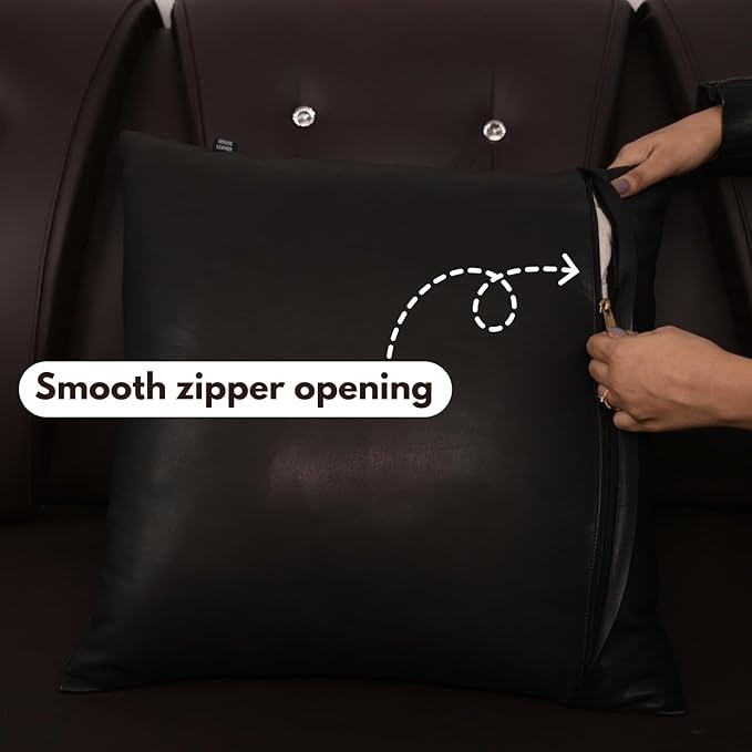 D DOLLY LAMB Lambskin Leather Pillow Cover - Sofa Cushion Case - Decorative Throw Covers for Living Room & Bedroom, 16x16 Inches - Black (02) Pack of 2