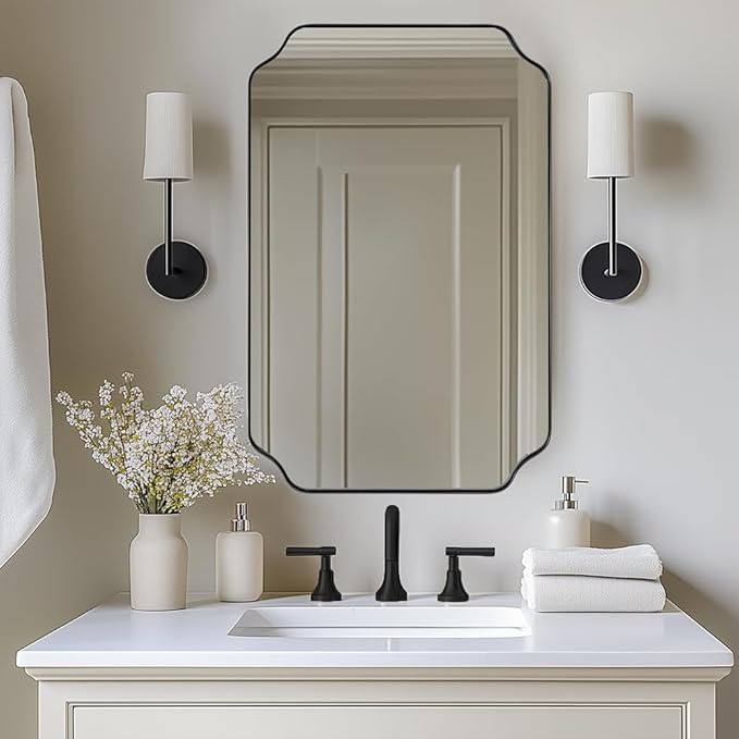 ANDY STAR Bathroom Vanity Mirror, 24x36 Inch Matte Black Mirror, Modern Rectangle Mirrors for Bathroom, Asymmetrical Wall Mirror with Scalloped Round Corner