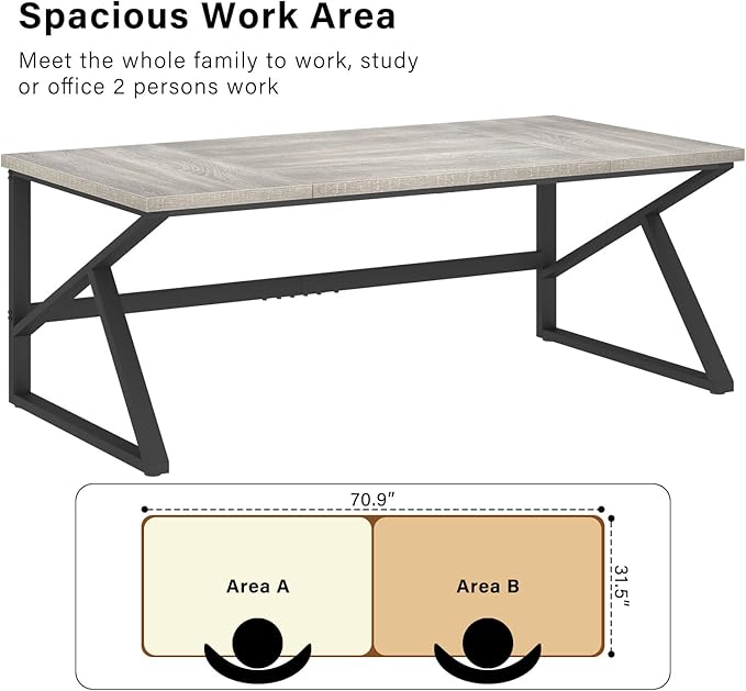 HSH 70 Inch Long Grey Desk, Large Home Office Computer Desk for 2 People, Industrial Wood and Metal Executive Work Writing Study Gaming Desk Table, Modern Bedroom Simple PC Laptop Desk Double Desk