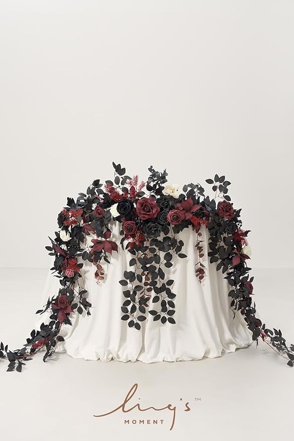 Ling's moment 9FT Eucalyptus & Willow Leaf Garland with White Flower, Handcrafted Wedding Sweetheart Table Centerpieces Head Table Decor Arch Backdrop Decorations for Wedding | Black & Burgundy