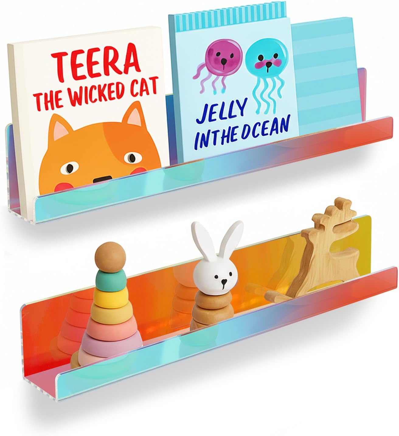 Skiennix Magnetic Book Shelf - Strong Adsorption Reusable Acrylic Display Holder | 2 Pcs Iridescent for Classroom & Office