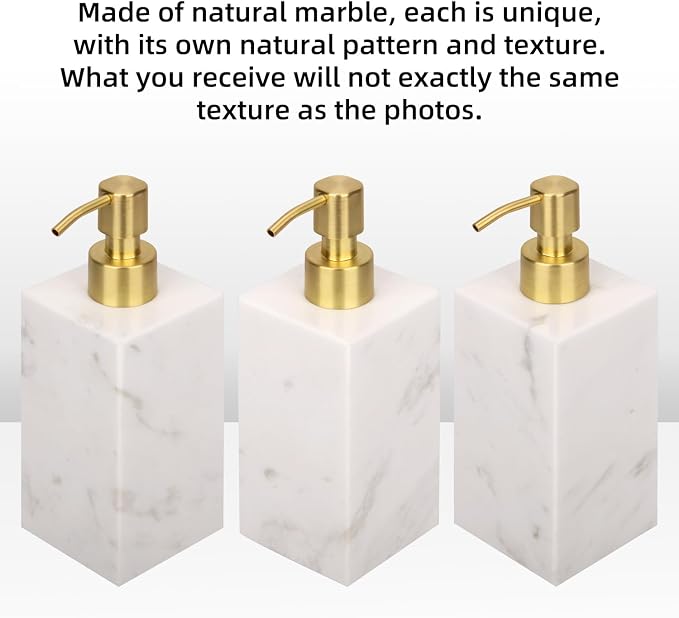 Natural Marble Soap Dispenser for Bathroom and Kitchen Countertop - 5.41 Ounces Hand Lotion and Liquid Stone Shampoo Laundry Bottle with Pump (1, White, Rectangular Bottle)