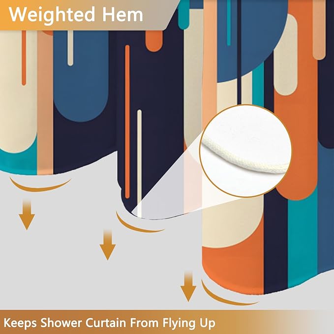 Mid Century Modern Shower Curtain, Retro Abstract Geometric Colorful Art Shower Curtains for Bathroom with Hooks, Waterproof Polyester Fabric Shower Curtain Set, Weighted Hem, 72x72 Inches