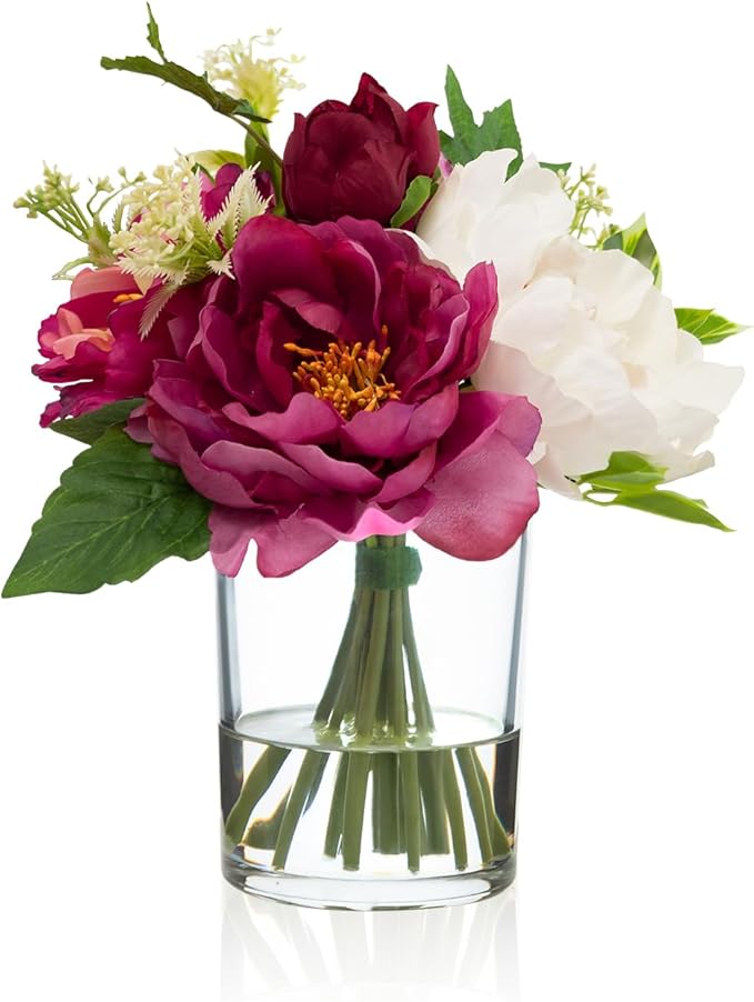 WELL KNOWN Artificial Flowers in Glass Vase with Fake Water, Silk Peony Flower Bouquet for Home Dinning Tea Table, Office Desktop, Hotel, Wedding, Party, Lavatory Decor & Gift (Fuchsia & White)