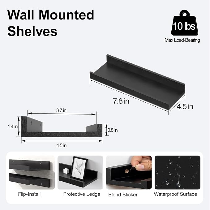 Small Black Floating Shelves for Wall Decor, Wall Mounted Wood Shelf for Bedroom, Living Room, Bathroom, Kitchen, Nursery, Display Ledge Shelf with Lip Set of 2-8 Inches, Black
