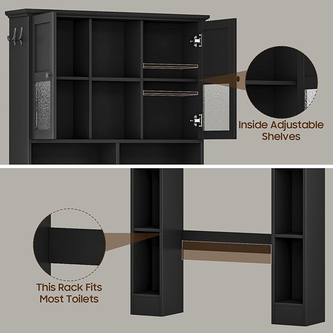 Over The Toilet Storage Cabinet, Bathroom Shelf Over Toilet with Hammered Grain Glass Doors and Adjustable Shelves, Freestanding Home Space Save Toilet Rack for Restroom, Bathroom, Laundry (Black)