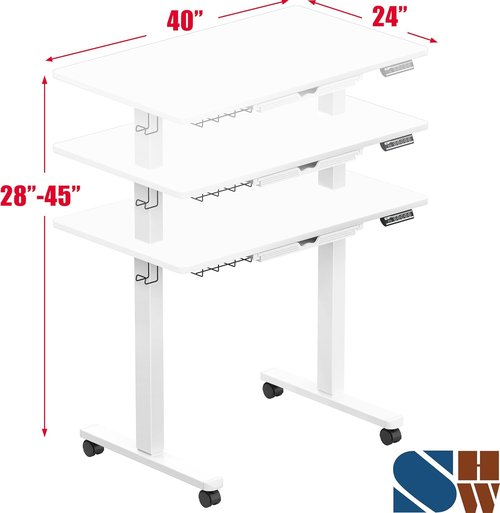 SHW Mobile Electric Height Adjustable Sit to Stand Desk - 40-Inch, White with Drawer & Cable Management