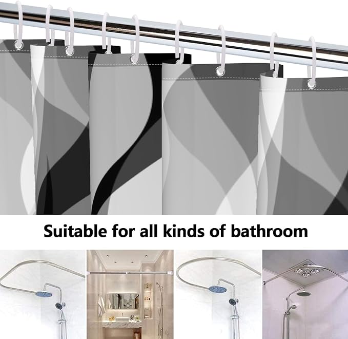 Grey Shower Curtain Black and White Shower Curtains for Bathroom Modern Gray Geometric Abstract Striped Minimalist Polyester Bathroom Curtain Sets Extra Long 72x72 in with 12 Hooks