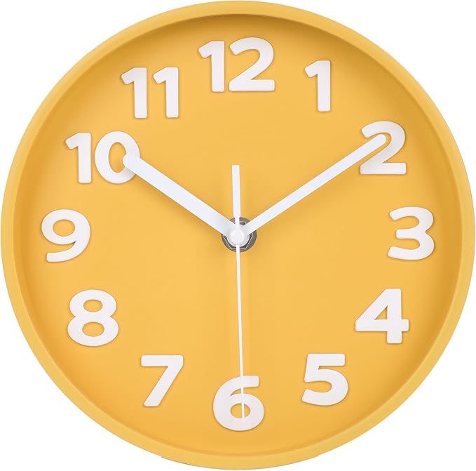 45MinST 8-Inch Yellow Modern Wall Clock – Silent Non-Ticking, 3D Large Numbers, Accurate Timekeeping | Decorative Wall & Desk Clock with Stand for Living Room, Bedroom, Kitchen, or Office