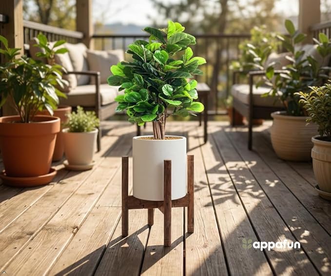 Adjustable Plant Stand for 8-12″ Pots – Solid Acacia Wood Mid-Century Modern Indoor/Outdoor Planter Holder with Stainless Steel Screws – Antique Brush Brown (Pot & Plant Not Included)
