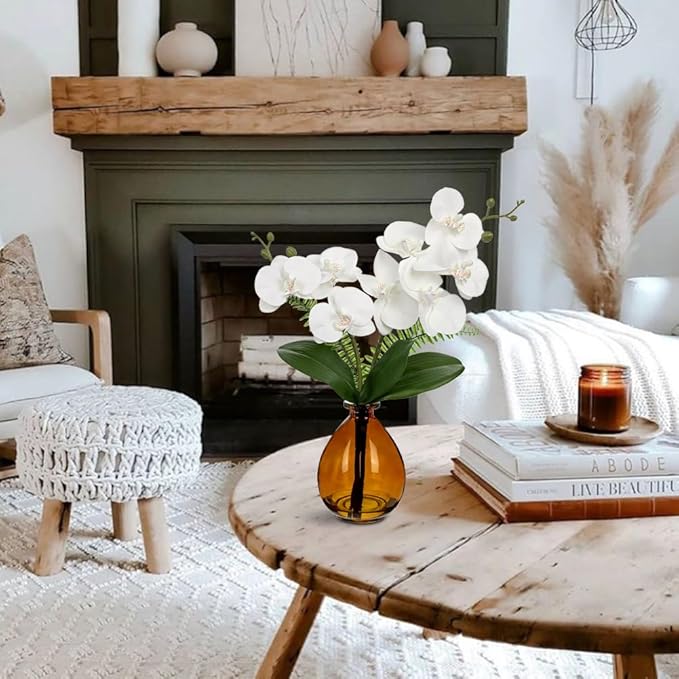 Oairse White Orchids Artificial Flowers, Faux Orchid in Glass Vase Real Touch Small Phalaenopsis Orchid Flowers Arrangements with Amber Vase Orchids Centerpiece for Dining Room Table