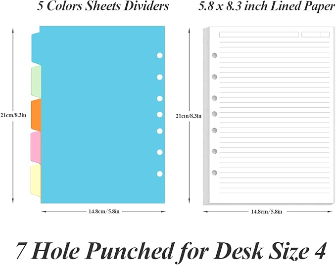 7-Hole Lined Paper Refills for Mini Binder - 100 Sheets/200 Pages 7 Ring Loose Leaf Lined Paper with Binder Dividers, 5.8" x 8.5"