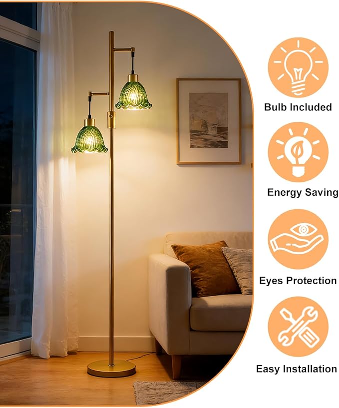 Lightdot 2- Light Gold Flower Floor Lamp for Living Room, 65IN Dimmable Floor Lamps with Green Glass Shade& Warm White Bulbs, Modern Standing Tall Lamp with 5Lbs Heavy Base for Bedroom Home Office