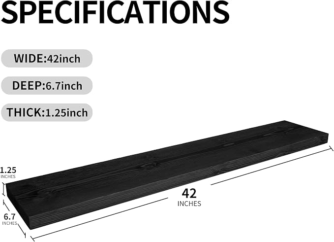 BGMG Wood Floating Shelves for Wall 42 inch Set of 2,Black Floating Shelves,Solid Wood Wall Mount Shelves for Bathroom Living Room Bedroom Kitchen Farmhouse -42x 6.7 x1.25 inch
