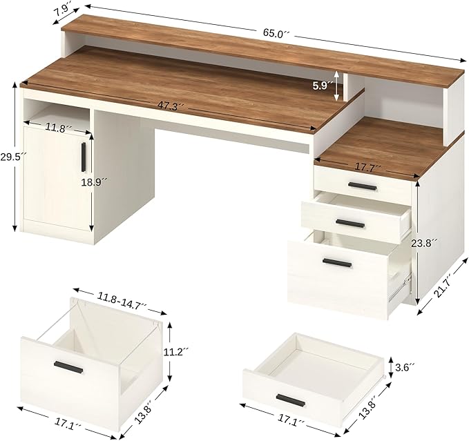 65 Inch Computer Desk with 3 Drawers & Storage Shelves, Executive Desk with File Drawer & Cabinet, Home Office Desk with Long Monitor Stand & Printer Shelf, Antique White