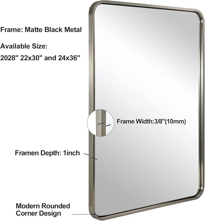 ANDY STAR 24x30'' Brushed Nickel Bathroom Vanity Mirror Over Sinks, Rounded Rectangle Bathroom Wall Mirror in 1'' Seamless Tube Metal Frame,SUS304-Anti-Rust, Wall-Mounted Horizontal/Vertical