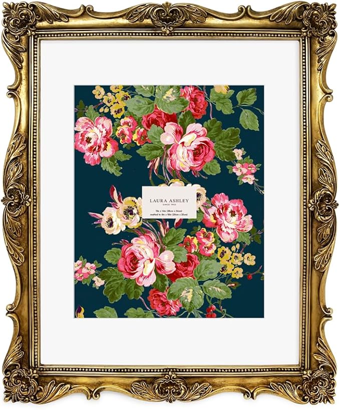 Laura Ashley 11x14 Gold Ornate Textured Hand-Crafted Resin Picture Frame, Wall Mount, Decorative Floral Design Home Décor, Photo Gallery, Art, More (Gold, 11x14 (Matted 8x10))