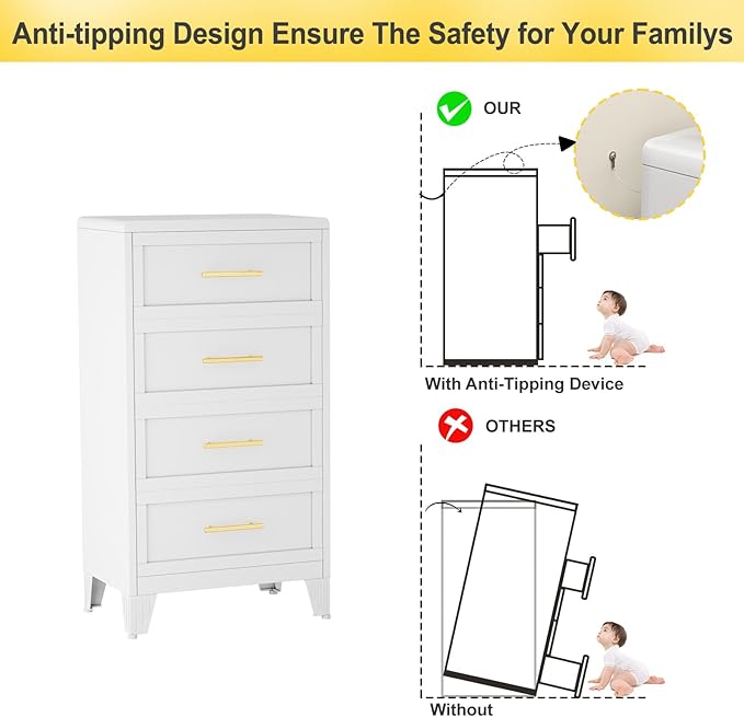 4 Drawers Tall White Dresser for Bedroom, 44.45" Metal Dressers & Chests of Drawers Curved Corner Design, Storage Organizer Drawer Chest with Large Capacity for Living Room, Entryway, Hallway