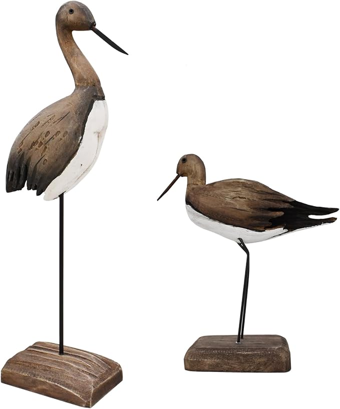 Wood Bird Statue Nautical Decor Decorative Sea Birds Sculpture Wooden Tabletop Figurine Coastal Ocean Beach Themed Decoration for Home Yard Bathroom Living Room (6.7" + 12.4" H)