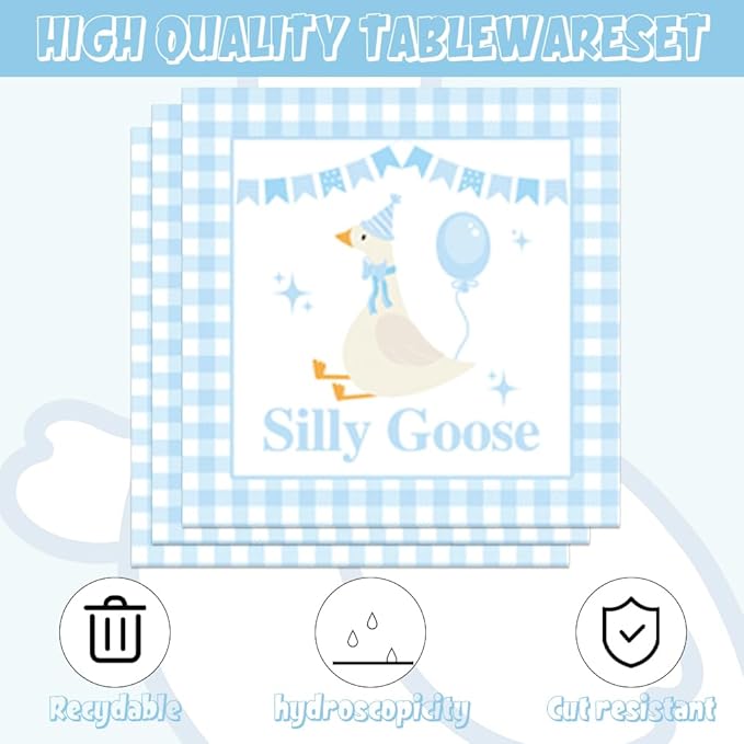 141pcs Blue One Silly Goose Birthday Decorations 1st Birthday Party for Girls Goose Theme Blue Gingham Plates Napkins Forks Knives Straws Tablecloth Cups,Suitable for 20 Guests