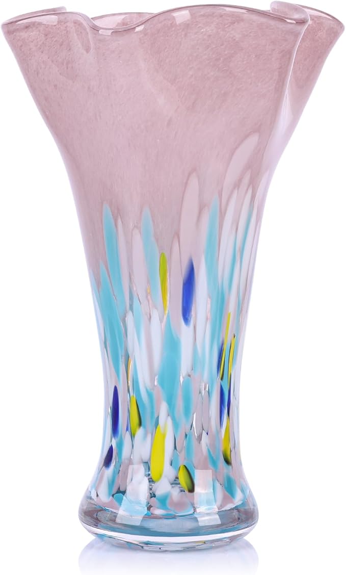 9.0" H Blush Glass Vases for Flowers, Unique Hand Blown Glass Vase Blush Home Decor, Wide Mouth Colorful Flower Vase Centerpieces, for Living Room Table Bookshelf, Bathroom Office Shelf Decorative