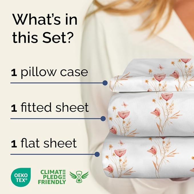Floral Sheets - Pink Floral Butterfly Bed Sheet Set - 1 Flat & 1 Fitted & 1 Pillowcase w/ Deep Pockets - Wrinkle & Fade Free - Boho Botanical Bedding - Ultra-Soft, Breathable & Cooling - Twin Size New