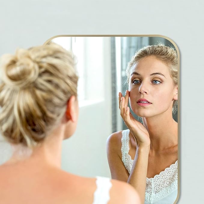 24x32 Inch Gold Bathroom Mirror, Brushed Gold Metal Framed Rectangular Mirror with Rounded Corner, Bathroom Vanity Mirror for Bedroom or Living Room, Horizontal/Vertical