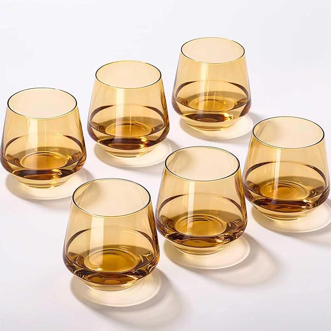 Amber Stemless Wine Glass Set of 6-14oz Wine Glasses, Stemless Drinking Glasses for Wine, Cocktails & Beverages - Elegant Glassware for Home, Bar & Holiday Use