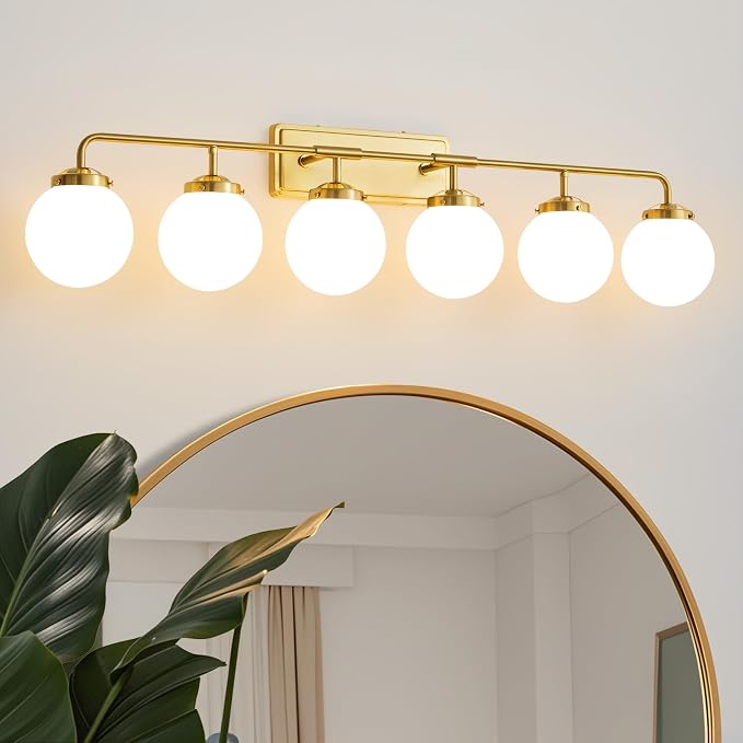 Bathroom Light Fixtures Gold Vanity Lights Over Mirror, Modern Wall Sconce Lighting 6-Light with White Glass Globe Shade