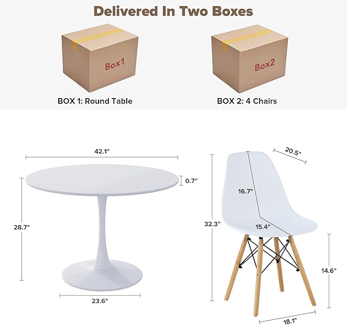 5-Piece Round Dining Table Set,42" Mid-Century Modern Kitchen Table with 4 Chairs,Tulip Pedestal Table & Solid Wood Legs,Space Saving Compact Furniture for Small Spaces Apartment Home,White