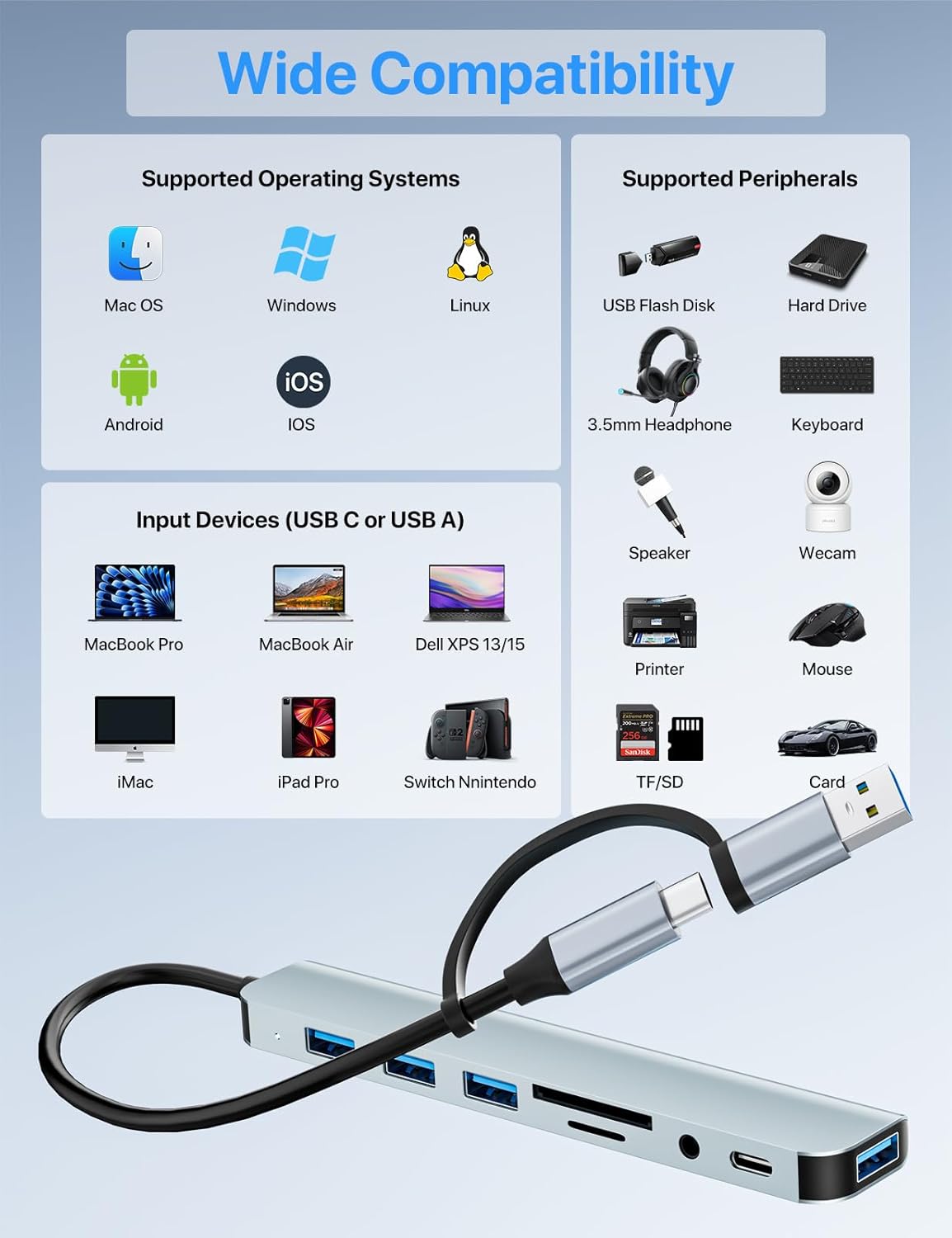Skiennix USB C Multiport Hub Adapter - 8-in-1 Aluminum Splitter with SD/TF Card Reader & Audio Output for MacBook Pro/Air & iPad Pro