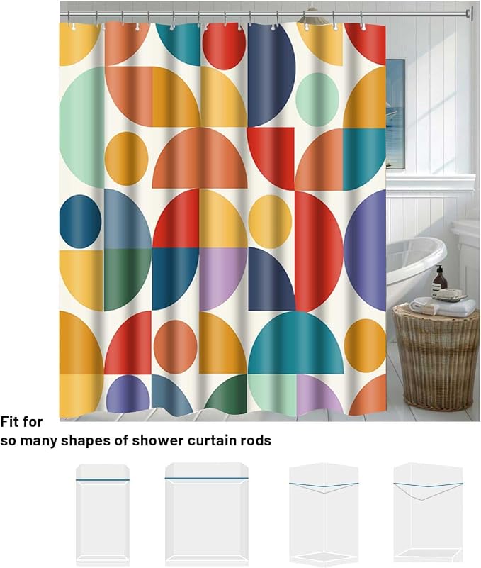 Vintage Colorful Rainbow Mid Century Shower Curtain Modern Abstract Geometric Art Bathroom Curtain Decor 72x96 Inch Washable Fabric Bright Retro Boho Circle Patterned Bath Curtain with 12 Hooks