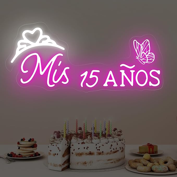 Mis 15 Anos Neon Sign, Sweet 15 Quince Party Sign with Dimmer Switch, Birthday Party Decor, Quinceanera Party Sign, Preppy Room Decor,Birthday Party Home Decorations, Mitzvah Gift-Pink-16"x7.09"