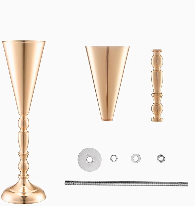 VEVOR 10PCS 43cm/16.9” Tall Wedding Flower Vase, Metal Wedding Trumpet Centerpiece, Gold Floral Stand Display Rack for Tables Wedding Dinner Party, Anniversary Ceremony Birthday Event Decor