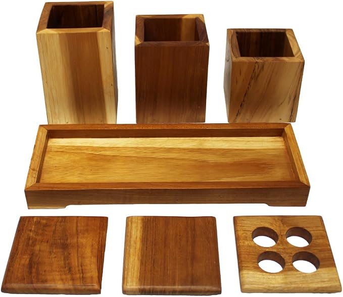 EcoDecors, Eleganto, 7 Piece, Teak Wood Bathroom Amenities Set, Teak Bath Amenity Set, Bathroom Accessory, in Natural Color
