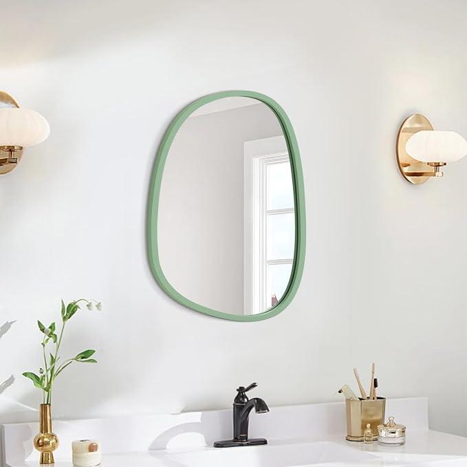 Green Asymmetrical Mirror Irregular Oval Wall Mirror Wood Frame Unique Shape Modern Wall Mounted Vanity Artistic Mirror for Living Room Bedroom Bathroom Entryway Decorative 14"x10"