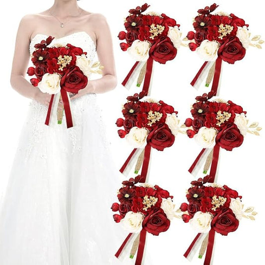Set of 6 Bridesmaid Bouquets for Wedding - 9 Inch Luxury Artificial Flowers Bouquets for Ceremony Anniversary Centerpieces Decorations - Burgundy & Gold & White