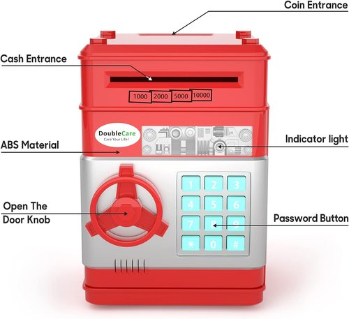 DoubleCare Electronic Piggy Bank - Cute Mini ATM with Password & Music | Red Cash Safe Box for Kids