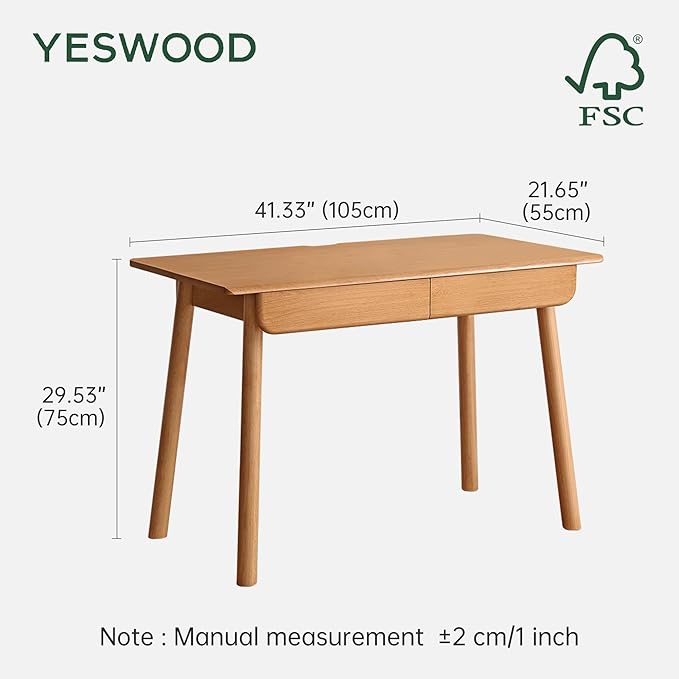 YESWOOD Solid Wood Desk, Mid Century Modern Computer Desk, Office Desk with Drawers for Home Office Study Vanity 41.33" W